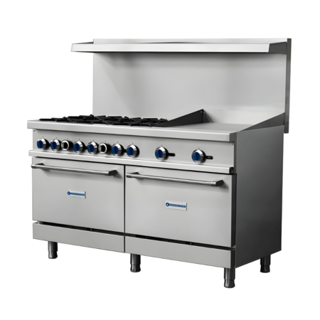 A 3/4 perspective view of a 60-inch stainless steel Standard Range commercial gas range. The cooktop is configured with six heavy-duty open burners on the left and a 24-inch polished steel griddle on the right. The unit features a full-width high back riser with a top shelf, blue-accented control knobs, and two separate oven bases supported by adjustable stainless steel legs.