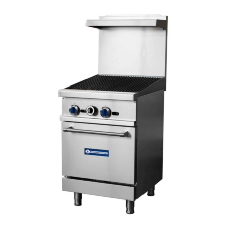 An angled, three-quarter view of a stainless steel Standard Range commercial gas charbroiler. The unit features a sloped cooking grate, two blue control knobs, an integrated oven base, and four adjustable stainless steel bullet feet.