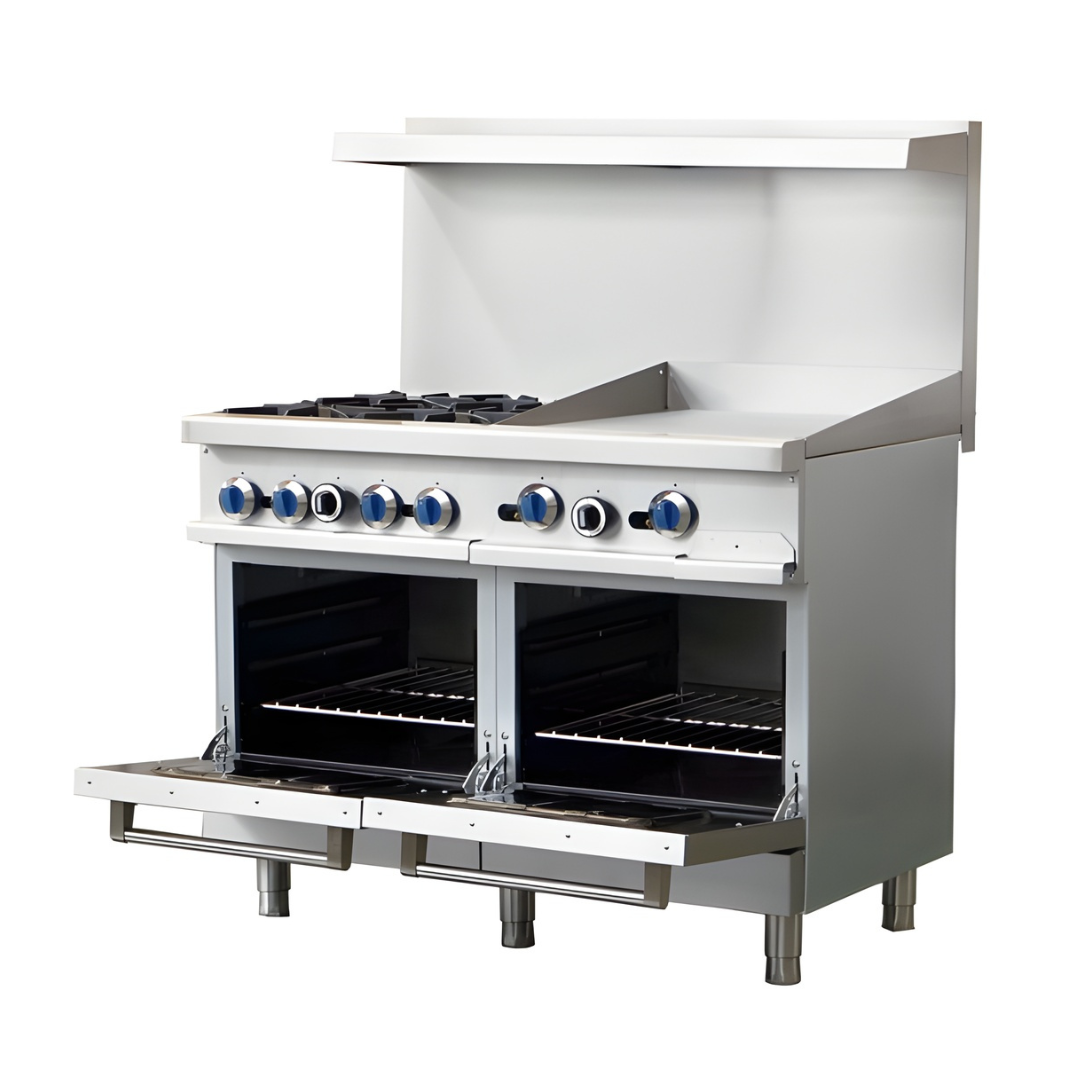 Standard Range Sr-R48-24Mg-48&Quot; Commercial Range With 4 Burners 24&Quot; Griddle Top 2 Ovens 246,000 Btu 3 A 3/4 Perspective View Of A 48-Inch Stainless Steel Standard Range Commercial Gas Range With Both Oven Doors Open, Showing The Dual Internal Compartments And Wire Racks. The Cooktop Is Configured With Two Open Burners On The Left And A 36-Inch Polished Steel Griddle On The Right. The Unit Features A High Back Riser, Blue-Accented Control Knobs, And Is Supported By Adjustable Stainless Steel Legs.
