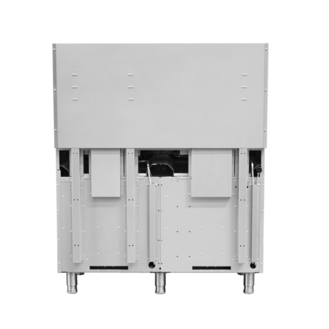 Standard Range Sr-R48-24Cb-48&Quot; Commercial Range With 4 Burners 24&Quot; Char-Broiler Top 2 Ovens 256,000 Btu 3 A Direct Rear-View Of A 48-Inch Standard Range Commercial Gas Range Featuring Galvanized Steel Back Panels And High Back Riser. The Image Highlights The Triple Vertical Support Structure, Access Cutouts For Internal Maintenance, And Dual Gas Manifold Connection Points At The Base, With The Unit Supported By Three Adjustable Stainless Steel Legs.