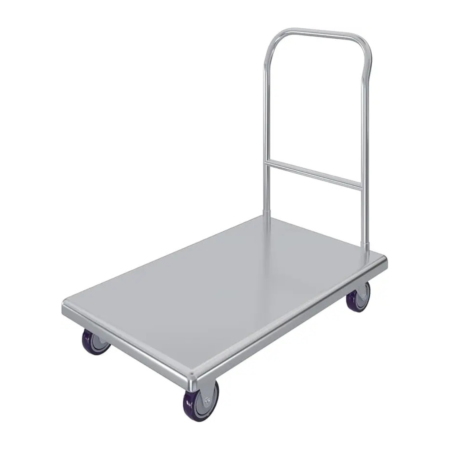 A high-angle, three-quarter view of a stainless steel platform truck featuring a flat rectangular deck, a tall tubular push handle with a crossbar, and four heavy-duty purple swivel casters, shown against a white background.