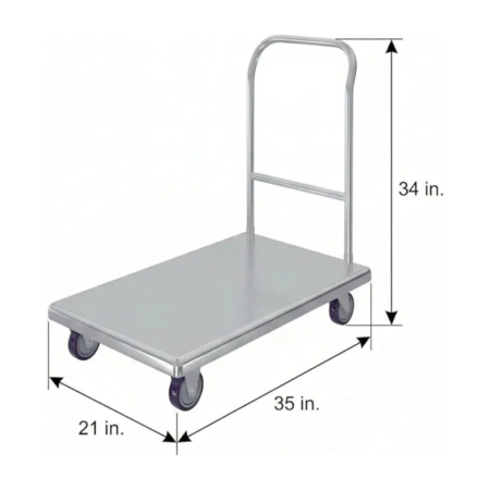 A three-quarter perspective view of a stainless steel platform truck with measurement overlays indicating a 35-inch length, a 21-inch width, and a 34-inch height from the base to the top of the tubular handle. The cart features four purple swivel casters and a polished metal finish.