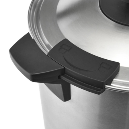 give me the title and alt text of this image A detailed close-up shot of the black heat-resistant handle and lid of a stainless steel coffee urn. The handle features embossed lock and unlock icons with a directional arrow, highlighting the secure twist-lock mechanism designed for safety and temperature retention.