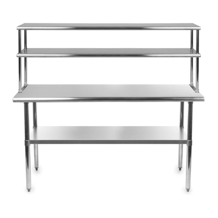 A front-facing view of a heavy-duty stainless steel work table equipped with a two-tier mounted overshelf and a lower storage undershelf. The unit features a smooth flat-top surface and four sturdy legs with adjustable bullet feet for stability in commercial kitchen environments.