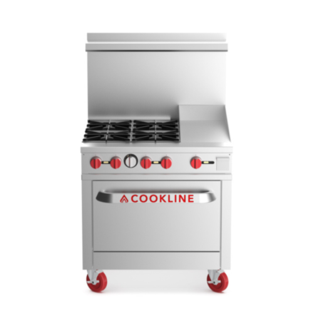 Front view of a 36-inch stainless steel commercial gas range featuring four burners and a 12-inch right-side griddle. The unit is equipped with red control knobs, a tall backguard, and heavy-duty red swivel casters.