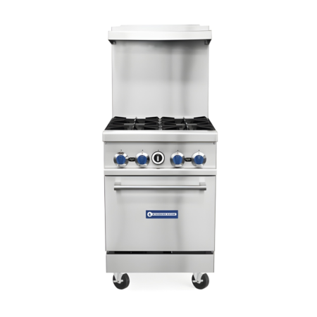 Front view of a 24-inch stainless steel commercial gas range featuring four open burners and a single oven base. The unit is equipped with blue control knobs, a tall backguard, and heavy-duty swivel casters.