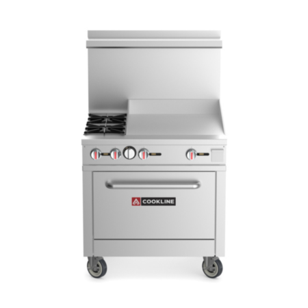 Front-facing view of a stainless steel commercial gas range featuring two burners on the left and a 24-inch griddle on the right. The unit is equipped with red control knobs, a tall backguard, and heavy-duty red swivel casters.