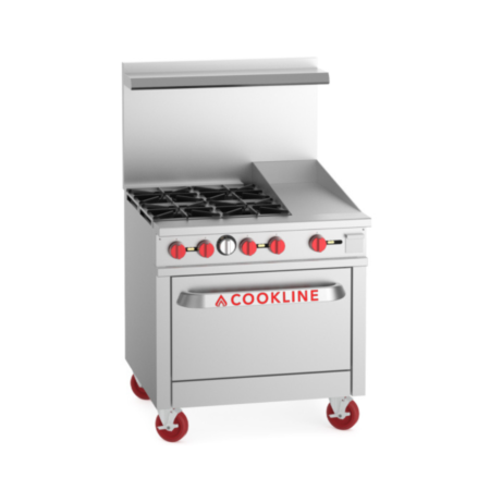 Angled view of a 36-inch stainless steel commercial gas range with four burners and a 12-inch right-side griddle. The unit features red control knobs, a tall backguard with a shelf, and is mounted on heavy-duty red swivel casters.