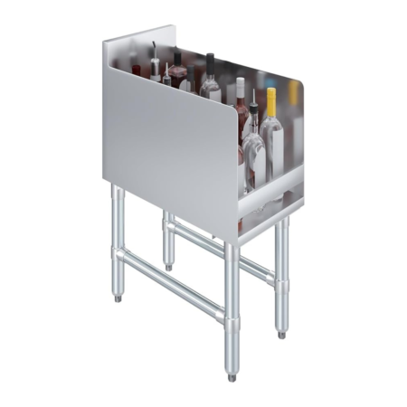 Three-quarter view of a stainless steel freestanding speed rail containing several liquor bottles. The unit features a deep storage bin with a front guard rail, a tall backsplash, and four cylindrical legs with adjustable cross-bracing for stability.
