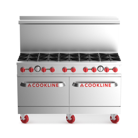 Top-down view of a commercial gas range featuring two cast iron burner grates on the left and a 24-inch polished steel griddle on the right. The image shows the professional cooking surface configuration and heavy-duty stainless steel construction.