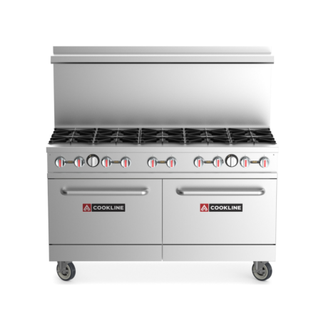 Front view of a 60-inch stainless steel commercial gas range featuring ten burners and two oven bases. The unit is equipped with red and silver control knobs, a tall backguard, and heavy-duty swivel casters.