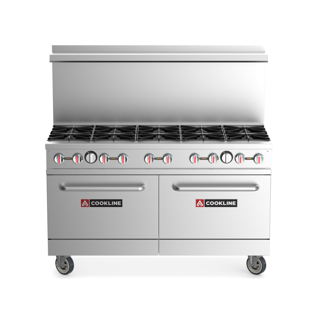 Cookline Cr60-10-60&Quot; Commercial Range 10 Burner 2 Oven 362,000 Btu 2 Front View Of A 60-Inch Stainless Steel Commercial Gas Range Featuring Ten Burners And Two Oven Bases. The Unit Is Equipped With Red And Silver Control Knobs, A Tall Backguard, And Heavy-Duty Swivel Casters.