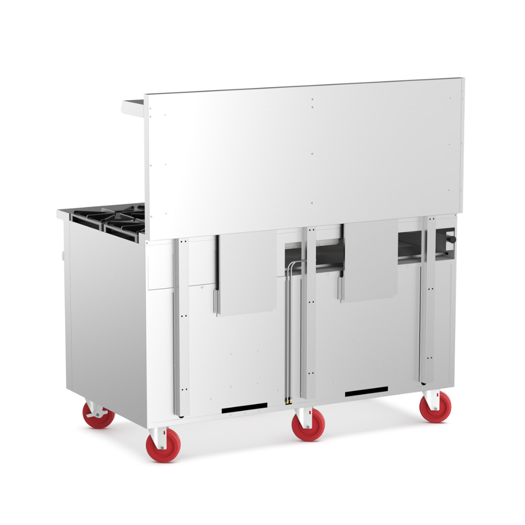 Cookline Cr60-10-60&Quot; Commercial Range 10 Burner 2 Oven 362,000 Btu 4 Rear Perspective Of A 60-Inch Stainless Steel Commercial Gas Range Showing The Back Panel And Gas Manifold Assembly. The Unit Features A Tall Backguard And Is Supported By Heavy-Duty Red Swivel Casters.