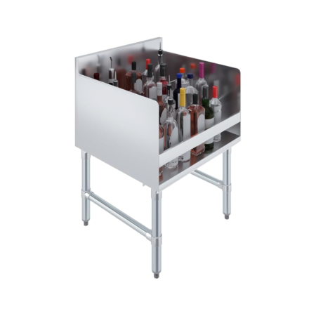 An angled view of an 18-inch wide stainless steel freestanding speed rail holding approximately a dozen liquor bottles. The unit features a high backsplash, a front retaining bar, and four sturdy cylindrical legs with adjustable cross-bracing for stability.