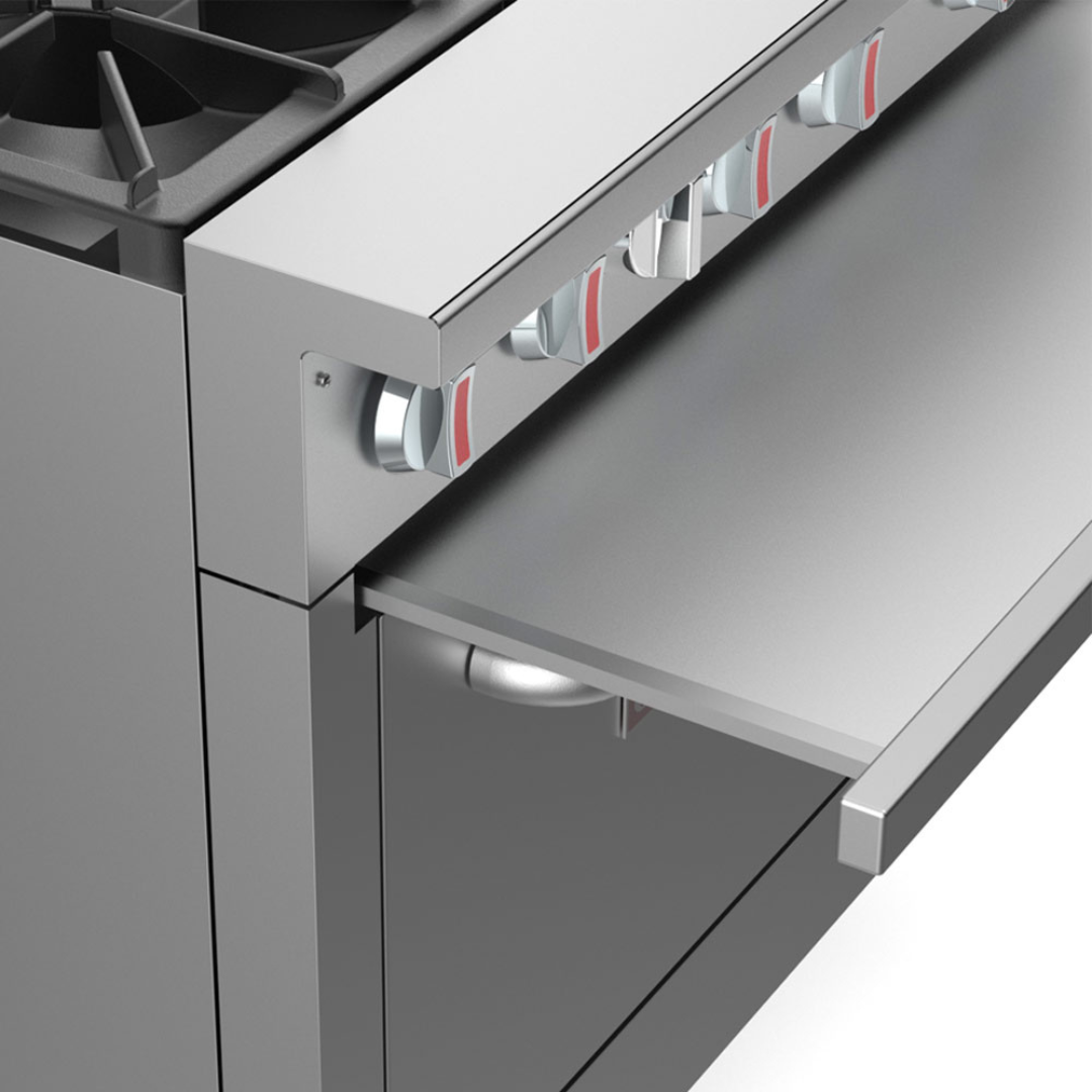 Cookline Cr60-10-60&Quot; Commercial Range 10 Burner 2 Oven 362,000 Btu 5 Stainless Steel Commercial Range Detail Showing A Removable Crumb Tray Extended From Beneath The Control Knobs. The Image Highlights The Sliding Tray Design And The Row Of Control Knobs With Red Indicator Accents.