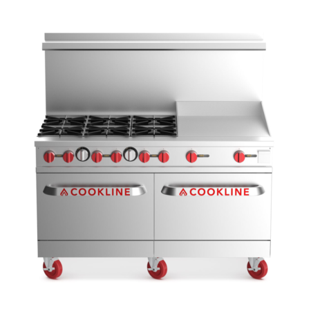 Rear perspective of a 60-inch stainless steel commercial gas range showing the back panel and gas manifold assembly. The unit features a tall backguard and is supported by heavy-duty red swivel casters.