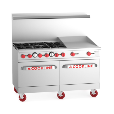 Angled perspective of a 60-inch stainless steel commercial gas range with six burners and a 24-inch right-side griddle. The unit features red control knobs, a tall backguard with shelf, and is mounted on heavy-duty red swivel casters.