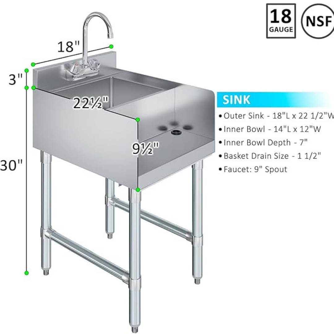 22” X 18” Stainless Steel Blender Station With Dump Sink &Amp; Faucet – Nsf Certified Underbar Beverage Prep Sink For Commercial Bar Restaurant Or Juice Shop 8 22” X 18” Stainless Steel Blender Station With Dump Sink &Amp; Faucet – Nsf Certified Underbar Beverage Prep Sink For Commercial Bar Restaurant Or Juice Shop - Image 8