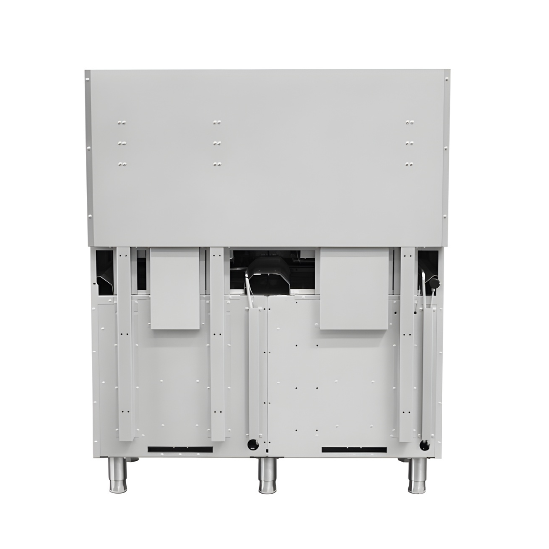 Standard Range Sr-R48-24Mg-48&Quot; Commercial Range With 4 Burners 24&Quot; Griddle Top 2 Ovens 246,000 Btu 4 A Direct Rear-View Of A 48-Inch Stainless Steel Standard Range Commercial Gas Range Featuring Galvanized Steel Back Panels And A Full-Width High Back Riser. The Image Clearly Shows Three Vertical Support Columns, Multiple Utility Access Cutouts, And Dual Gas Connection Points At The Base. The Unit Is Supported By Three Heavy-Duty Adjustable Stainless Steel Legs Visible Across The Bottom Frame.