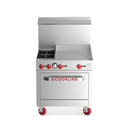 A detailed close-up shot of a stainless steel commercial gas range showing the pull-out crumb tray extended. The image highlights the sliding tray mechanism located just below the control knobs for easy cleaning and maintenance.