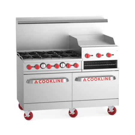 Angled perspective of a 60-inch stainless steel commercial gas range featuring six burners and a 24-inch raised griddle with an integrated broiler. The unit includes two oven compartments, red control knobs, and heavy-duty red swivel casters.