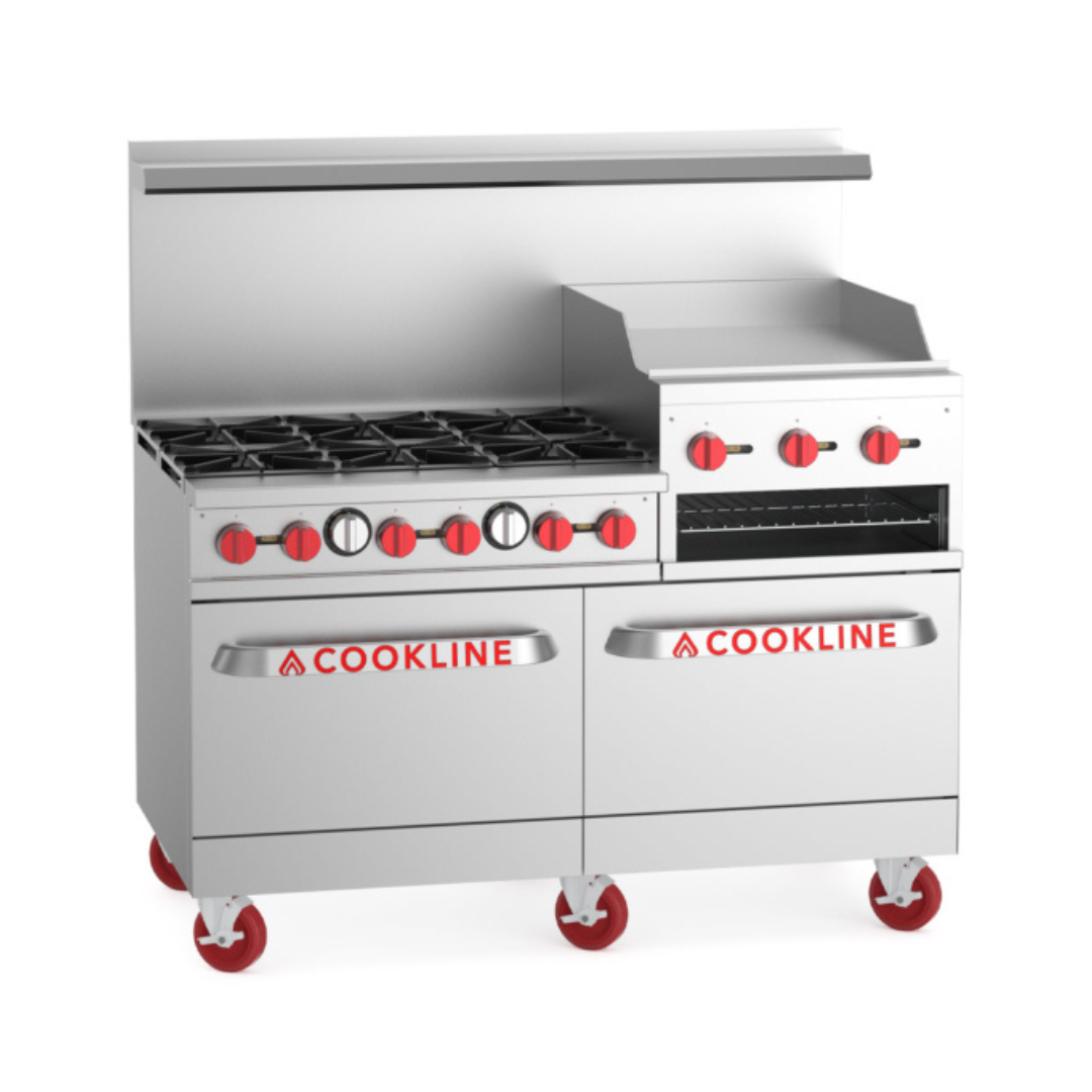 60&Quot; Commercial Range With 6 Burners And 24&Quot; Raised Griddle – 278,000 Btu Restaurant Range | Cr60-24Rg 2 Angled Perspective Of A 60-Inch Stainless Steel Commercial Gas Range Featuring Six Burners And A 24-Inch Raised Griddle With An Integrated Broiler. The Unit Includes Two Oven Compartments, Red Control Knobs, And Heavy-Duty Red Swivel Casters.