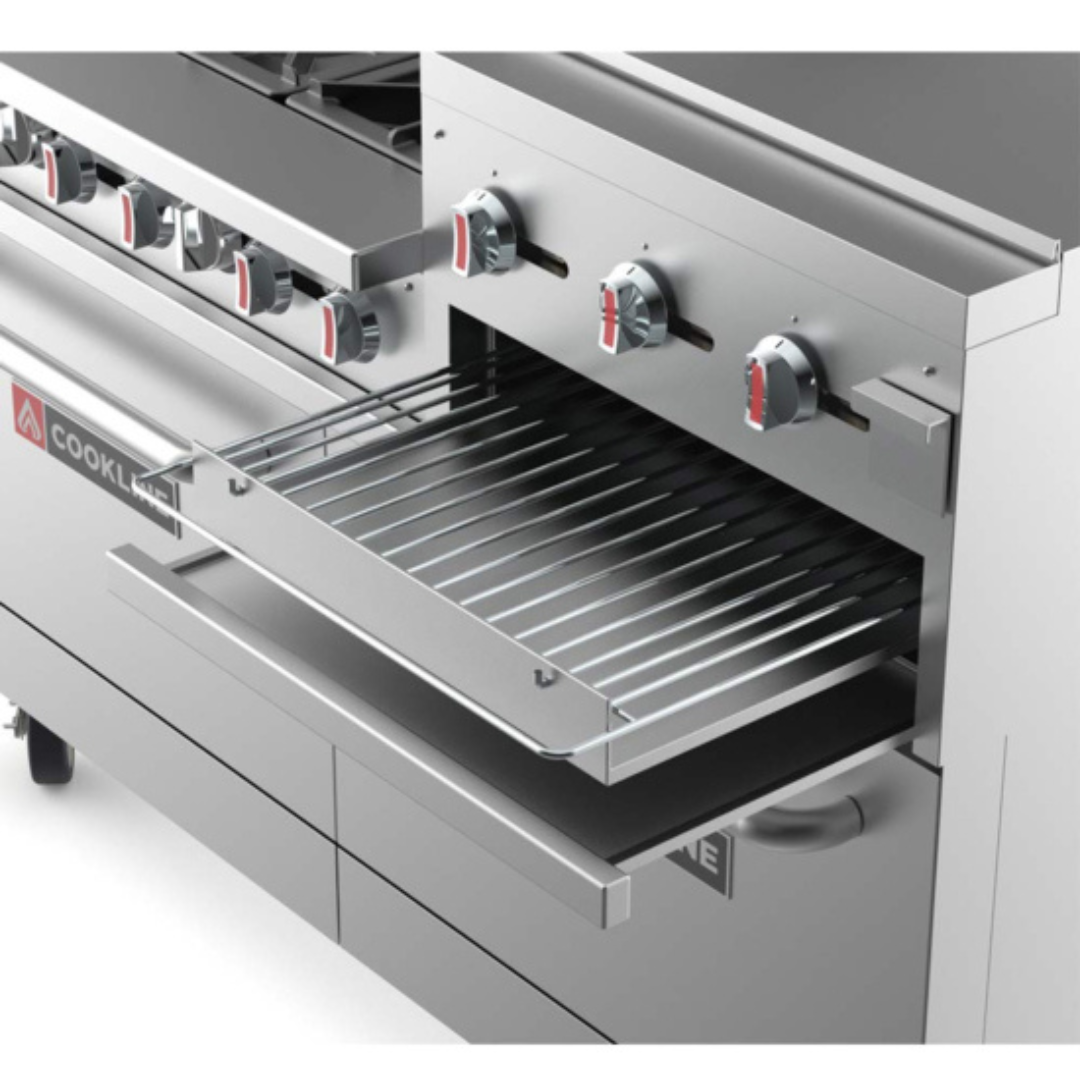 60&Quot; Commercial Range With 6 Burners And 24&Quot; Raised Griddle – 278,000 Btu Restaurant Range | Cr60-24Rg 5 Rear Perspective Of A 60-Inch Stainless Steel Commercial Gas Range Showing The Back Panel And Gas Manifold System. The Unit Features A Tall Backguard And Is Supported By Four Heavy-Duty Red Swivel Casters.