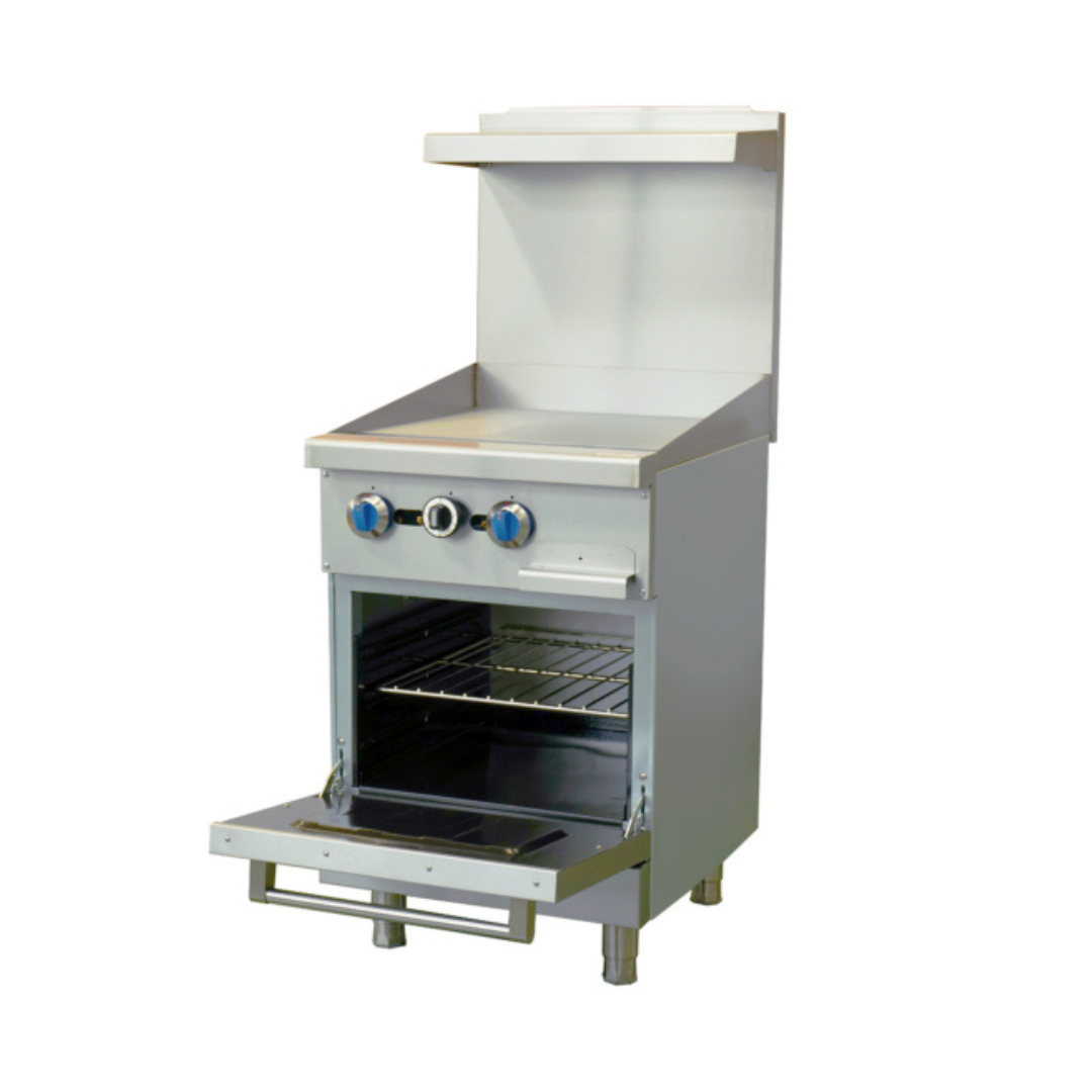 24&Quot; Commercial Range With Griddle And Oven – 93,000 Btu Restaurant Gas Range | Sr-R24-24Mg 4 Two-Quarter View Of A 24-Inch Stainless Steel Gas Range With A 24-Inch Manual Griddle Top And An Open Space Saver Oven Showing The Interior Rack.