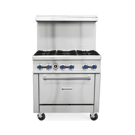 A front view of a 36-inch stainless steel Standard Range commercial gas range featuring six open-top burners with heavy-duty grates, six blue control knobs, a wide lower oven, and swivel casters for easy mobility.
