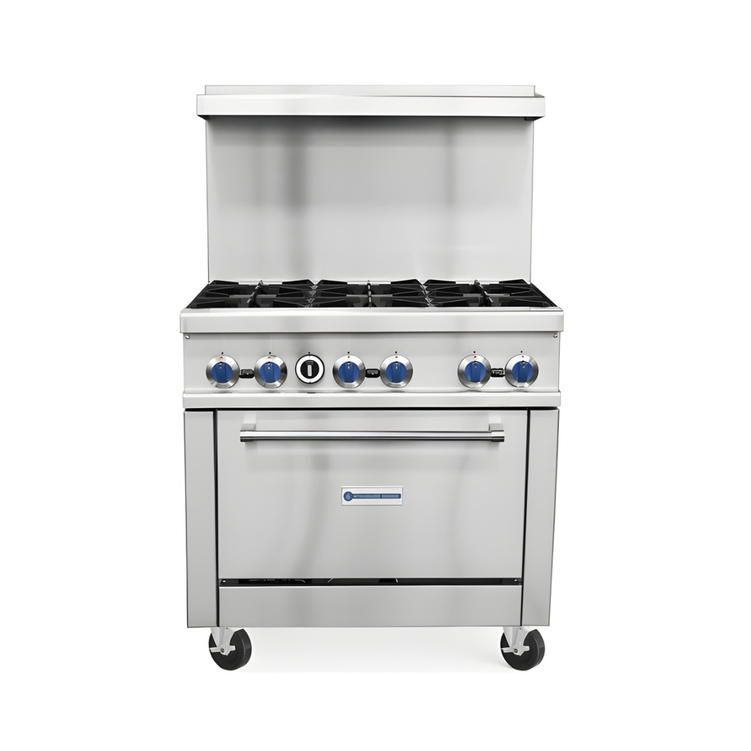 Standard Range Sr-R36-36&Quot; Commercial Range With 6 Burners 1 Oven 213,000 Btu 1 A Front View Of A 36-Inch Stainless Steel Standard Range Commercial Gas Range Featuring Six Open-Top Burners With Heavy-Duty Grates, Six Blue Control Knobs, A Wide Lower Oven, And Swivel Casters For Easy Mobility.