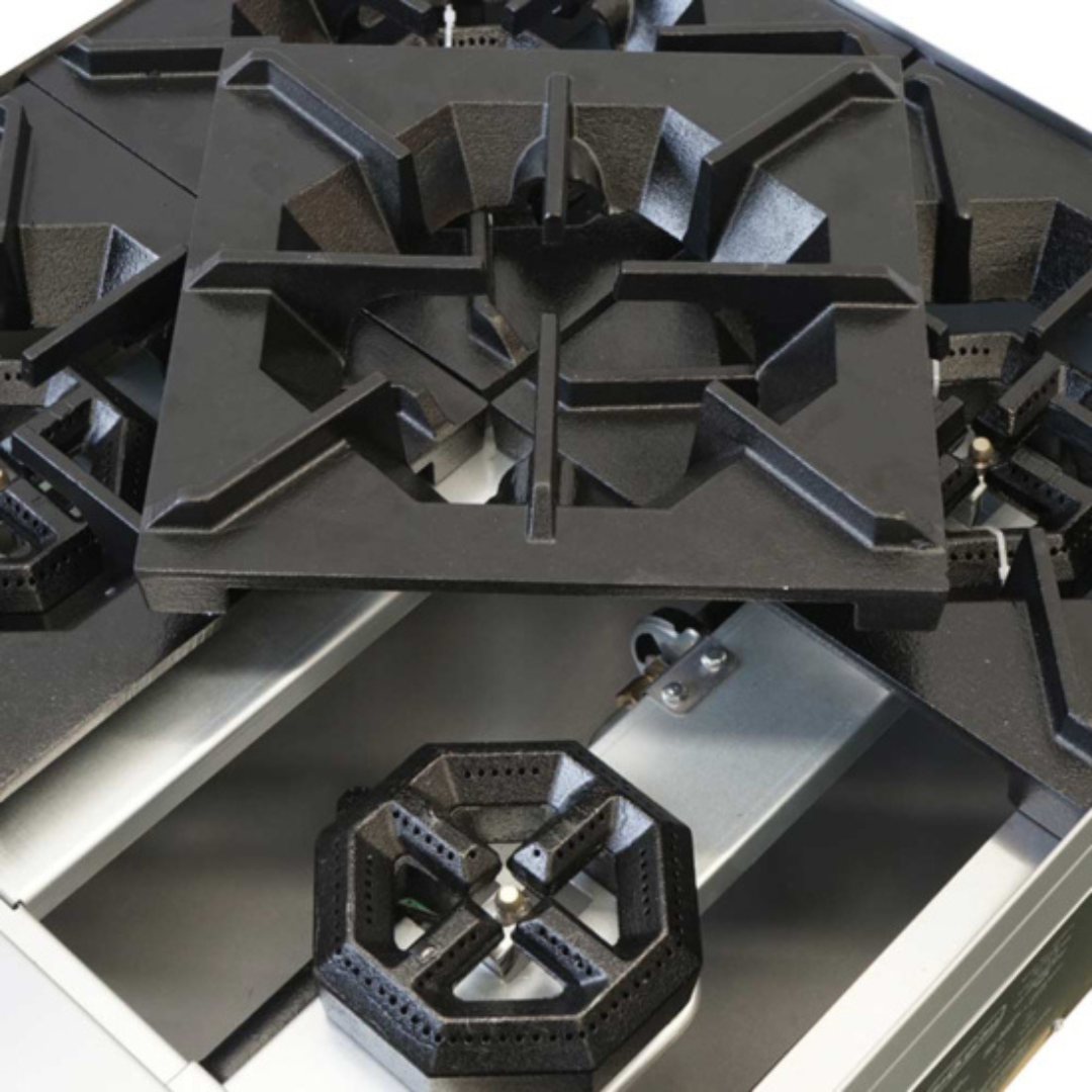 Standard Range Sr-R36-36&Quot; Commercial Range With 6 Burners 1 Oven 213,000 Btu 6 A Close-Up View Of A Standard Range Gas Range With One Heavy-Duty Cast Iron Burner Grate Lifted To Show The Octagonal Star-Shaped Burner Head And The Stainless Steel Crumb Tray Underneath.