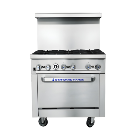 A front-facing view of a stainless steel Standard Range 36-inch commercial gas range. It features six burners, silver control knobs with blue water-drop icons, a convection oven power switch, and a lower oven compartment mounted on swivel casters.