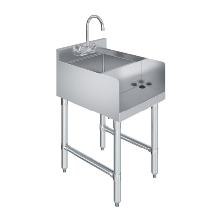 A high-angle 3D render of a freestanding industrial sink unit made of polished stainless steel. It features a deep single basin, a tall backsplash with a pre-installed gooseneck faucet, and an integrated drainboard on the right side. The entire unit is supported by four reinforced tubular legs with cross-bracing for stability in commercial kitchen environments.