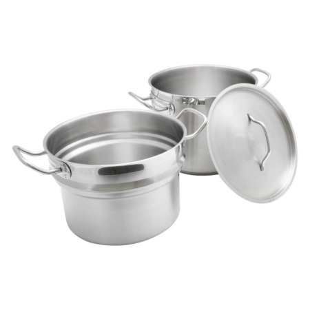 A studio shot showing the individual components of a stainless steel cookware set: a deep steamer insert in the foreground, with a matching stock pot and a flat stainless steel lid with a central handle arranged behind it.