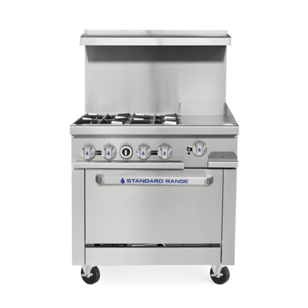 Front view of a stainless steel Standard Range propane gas work range featuring four open top burners on the left and a 12-inch flat top griddle on the right. The unit includes a high back shelf, a lower oven with a branded handle, five burner control knobs, and one griddle thermostat, all mounted on heavy-duty casters.