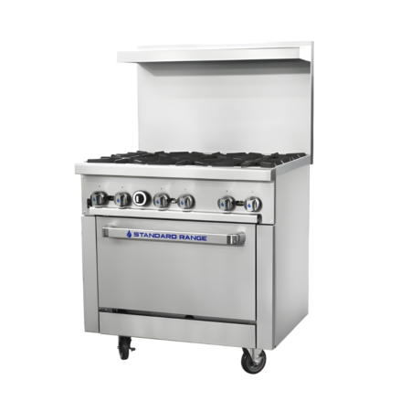 A three-quarter perspective view of a stainless steel Standard Range 36-inch commercial gas range. The unit features six burners, silver control knobs with blue drop icons, an oven power switch, a wide front-loading oven, and heavy-duty swivel casters.