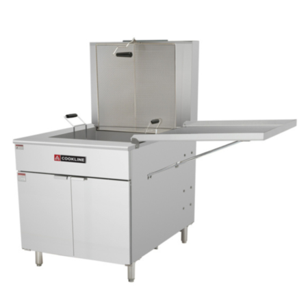 A professional-grade stainless steel donut fryer by Cookline, featuring a wide-tank floor model design. The unit includes a large vertical mesh frying screen and a side-mounted metal drainage tray extended for oil runoff. The base consists of a double-door cabinet supported by adjustable heavy-duty stainless steel legs.