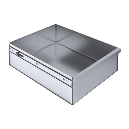 A high-angle, 3D render of an open-top rectangular drawer made of brushed stainless steel. It features pre-installed metal ball-bearing slide rails on the side for smooth extension, suitable for industrial, commercial kitchen, or laboratory storage units.