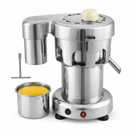 Heavy‑duty stainless steel juice extractor with 3/4 HP motor, countertop design, dispensing fresh juice.