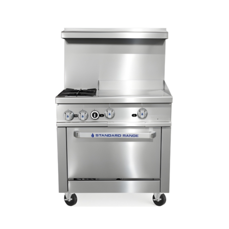 A front-view of a stainless steel Standard Range commercial gas range featuring two heavy-duty open burners on the left, a 24-inch polished steel griddle on the right, and a standard oven base with a pull-down door handle, all mounted on four swivel casters.