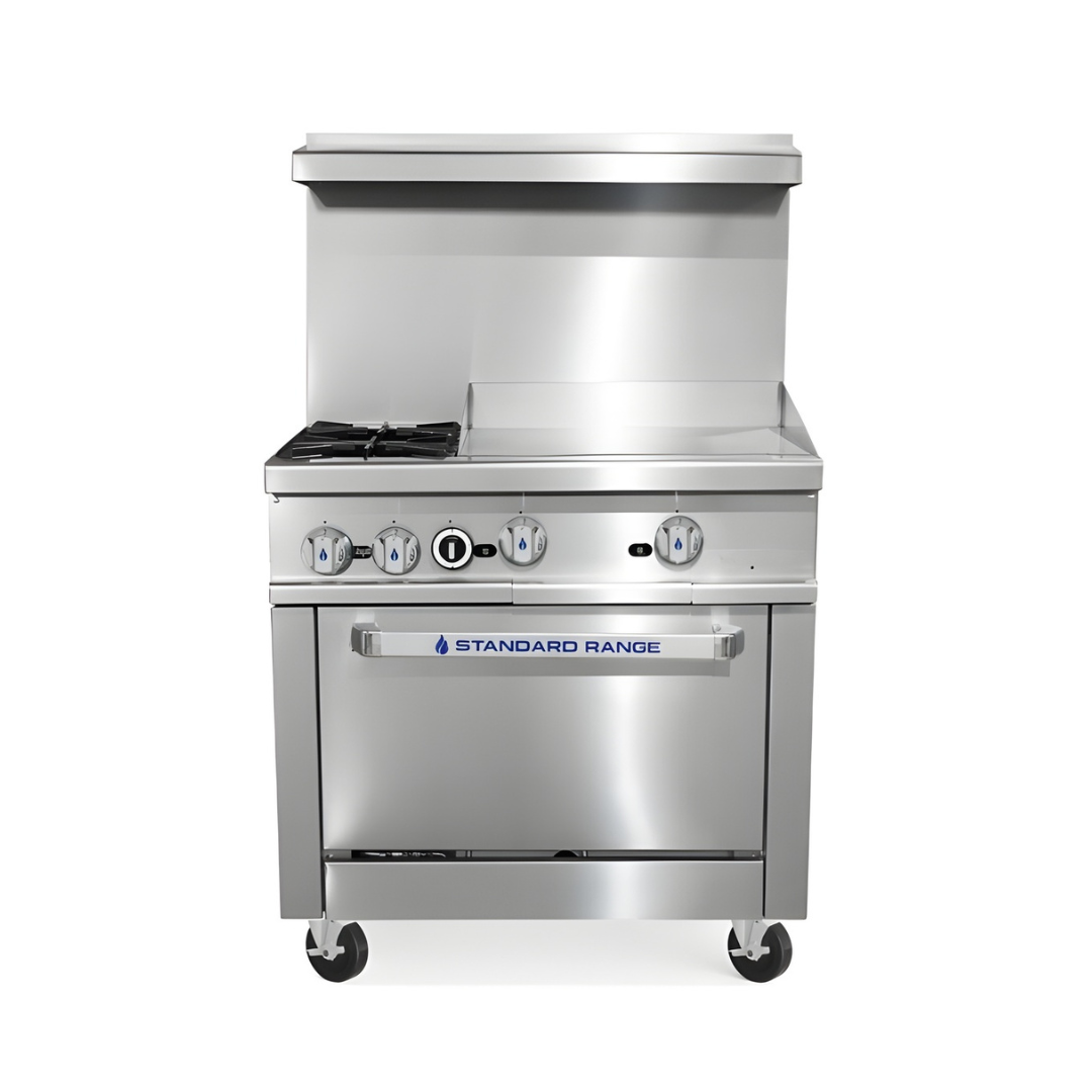 Standard Range Sr-R36-24Mg-Lp 36&Quot; Liquid Propane Commercial Range With 2 Burners 24&Quot; Griddle Top 1 Oven 153,000 Btu 1 A Front-View Of A Stainless Steel Standard Range Commercial Gas Range Featuring Two Heavy-Duty Open Burners On The Left, A 24-Inch Polished Steel Griddle On The Right, And A Standard Oven Base With A Pull-Down Door Handle, All Mounted On Four Swivel Casters.