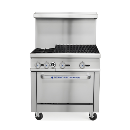 A front-view of a stainless steel Standard Range commercial gas range featuring two open burners on the left and a 24-inch gas charbroiler with cast iron grates on the right. The unit includes a high back riser, front-mounted control knobs with blue flame icons, and a standard oven base mounted on swivel casters.