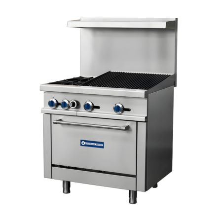 A 3/4 perspective view of a stainless steel Standard Range commercial gas range. The cooktop features two open gas burners on the left and a 24-inch charbroiler with heavy-duty slanted cast iron grates on the right. The unit includes a high back riser with a top shelf, blue-accented control knobs, and a standard oven base supported by adjustable stainless steel legs.