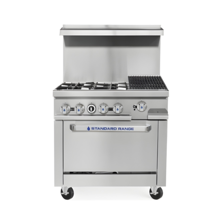 A front-view of a stainless steel Standard Range commercial gas range featuring four heavy-duty open burners on the left and a 12-inch charbroiler with cast iron grates on the right. The unit includes a high back riser, front-mounted control knobs with blue accents, and a standard oven base with a branded pull-down door handle, all mounted on four swivel casters.