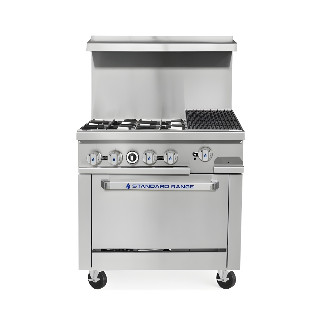 36&Quot; Commercial Range With 12&Quot; Charbroiler | 4 Burner Oven 188,000 Btu 1 A Front-View Of A Stainless Steel Standard Range Commercial Gas Range Featuring Four Heavy-Duty Open Burners On The Left And A 12-Inch Charbroiler With Cast Iron Grates On The Right. The Unit Includes A High Back Riser, Front-Mounted Control Knobs With Blue Accents, And A Standard Oven Base With A Branded Pull-Down Door Handle, All Mounted On Four Swivel Casters.