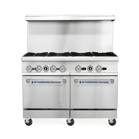 A front-view of a 48-inch stainless steel Standard Range commercial gas range featuring eight heavy-duty open burners across the cooktop. The unit includes a high back riser, eight blue-accented control knobs, and two side-by-side standard oven bases with branded pull-down door handles, all mounted on six swivel casters.