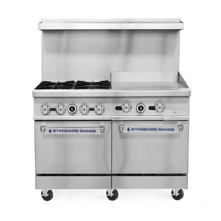 A front-view of a 48-inch stainless steel Standard Range commercial gas range featuring four heavy-duty open burners on the left and a 24-inch polished steel griddle on the right. The unit includes a high back riser, seven blue-accented control knobs, and two side-by-side standard oven bases with branded pull-down door handles, all mounted on six swivel casters.