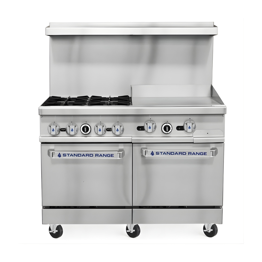 Standard Range Sr-R48-24Mg-48&Quot; Commercial Range With 4 Burners 24&Quot; Griddle Top 2 Ovens 246,000 Btu 1 A Front-View Of A 48-Inch Stainless Steel Standard Range Commercial Gas Range Featuring Four Heavy-Duty Open Burners On The Left And A 24-Inch Polished Steel Griddle On The Right. The Unit Includes A High Back Riser, Seven Blue-Accented Control Knobs, And Two Side-By-Side Standard Oven Bases With Branded Pull-Down Door Handles, All Mounted On Six Swivel Casters.