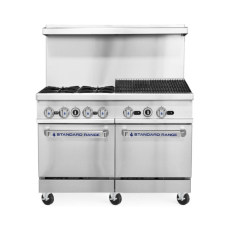 A front-view of a 48-inch stainless steel Standard Range commercial gas range featuring four heavy-duty open burners on the left and a 24-inch charbroiler with cast iron grates on the right. The unit is designed with a high back riser, eight blue-accented control knobs, and two side-by-side standard oven bases with branded pull-down handles, all supported by six swivel casters.