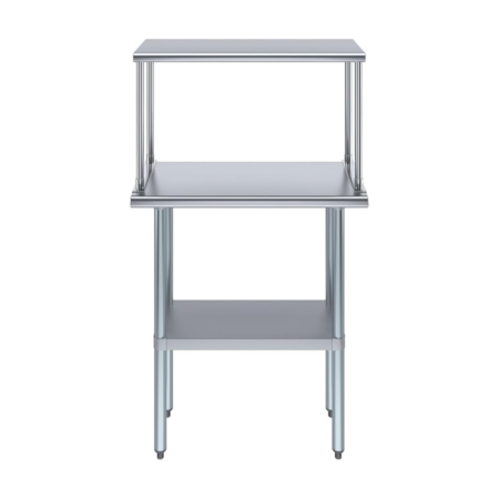 A front-facing view of a commercial-grade stainless steel work station. The unit features a main work surface with an integrated top over-shelf supported by four thin pillars, and a lower adjustable undershelf for additional storage, all supported by four sturdy cylindrical legs.
